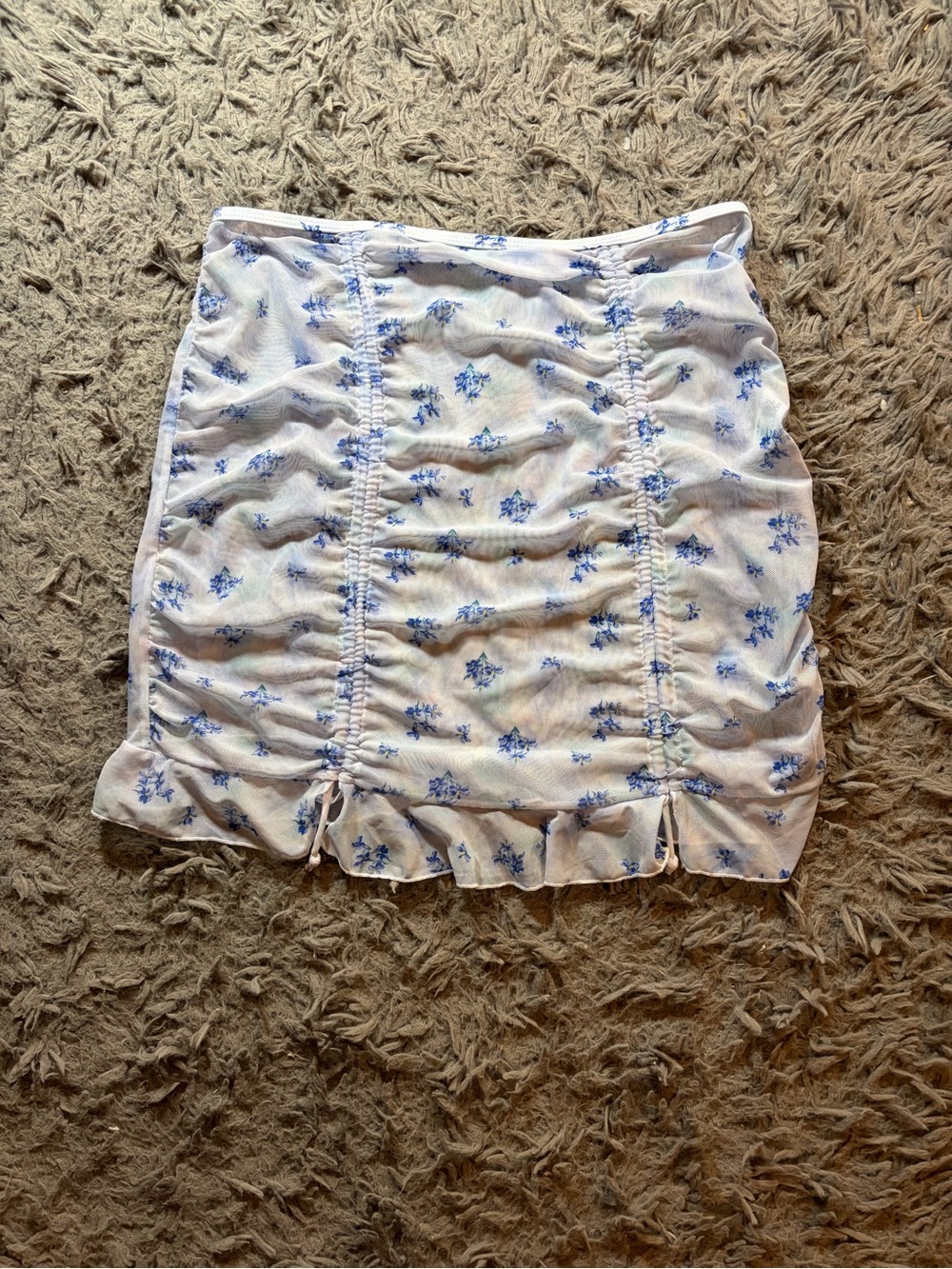 Cider blue floral printed white sheer mesh ruched cinched tie mini skirt sz L